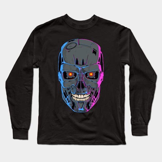 Terminator Skull - T-800- Pink and blue Long Sleeve T-Shirt by Dark & Sticky